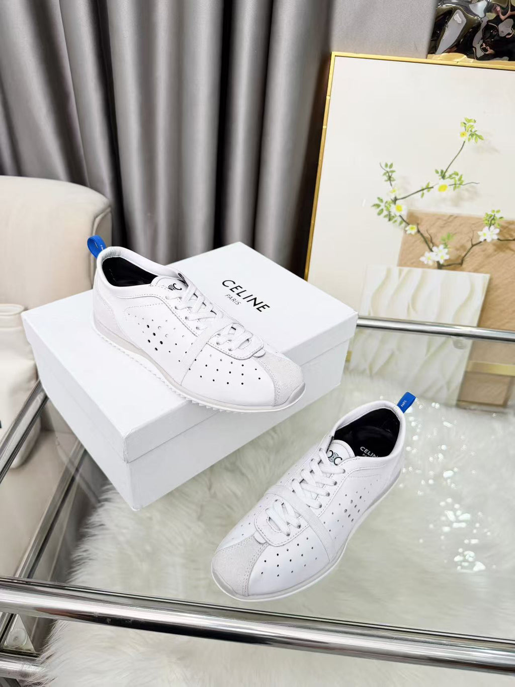 CELINE Women's Suede Perforated Lace-Up Low-Top Casual Shoes | Fluorescent White | EU 35-41