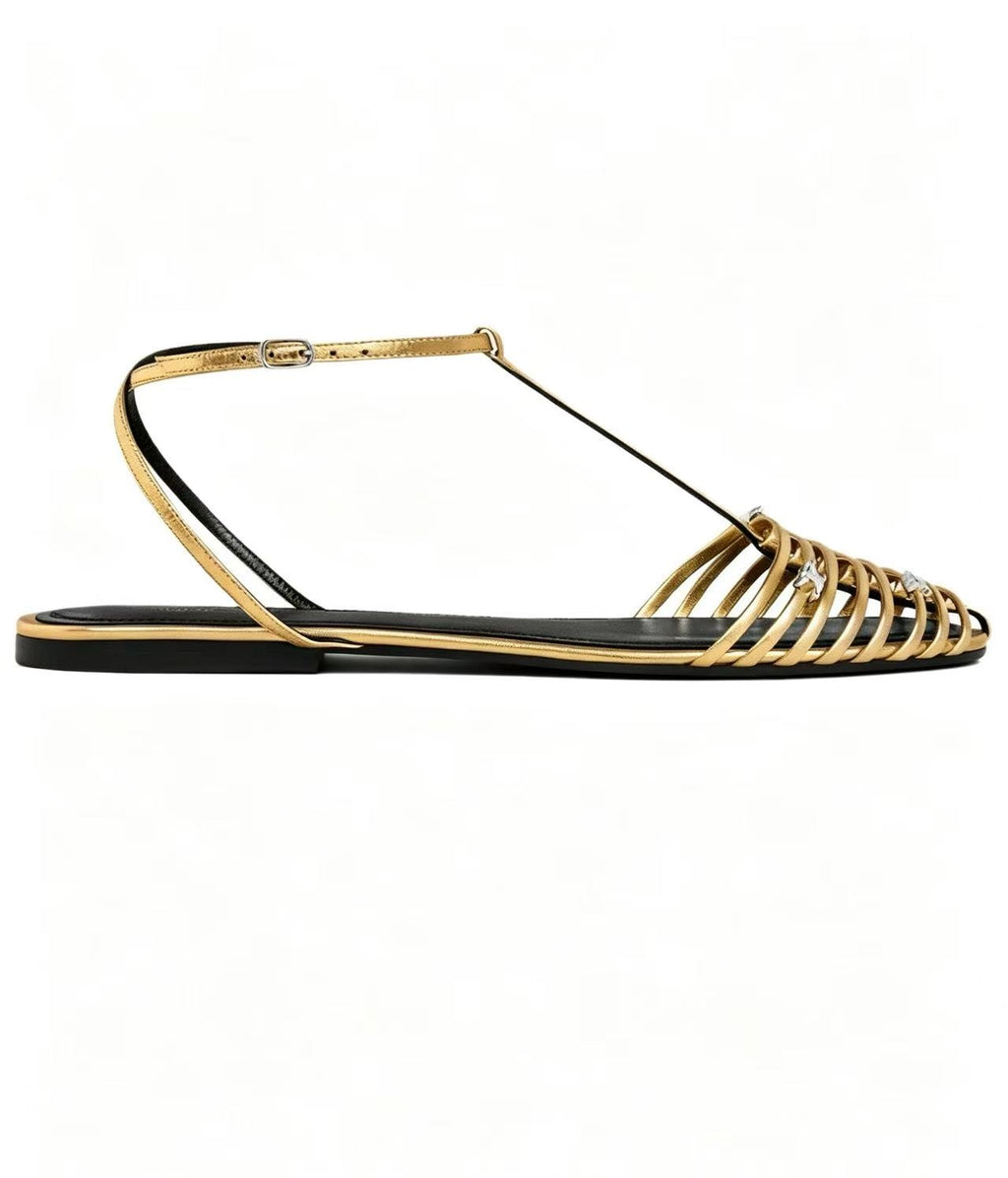 CELINE Cage Hollow Round-Toe Flat Roman Sandals | Gold | EU 36-42