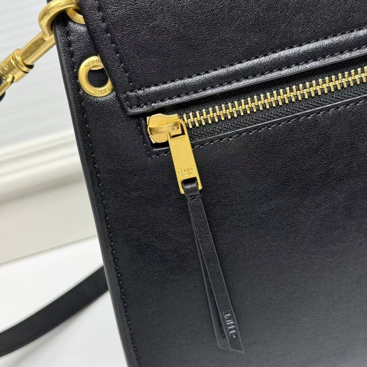CELINE Triomphe Besace Bag in Black with Gold-Tone Finish