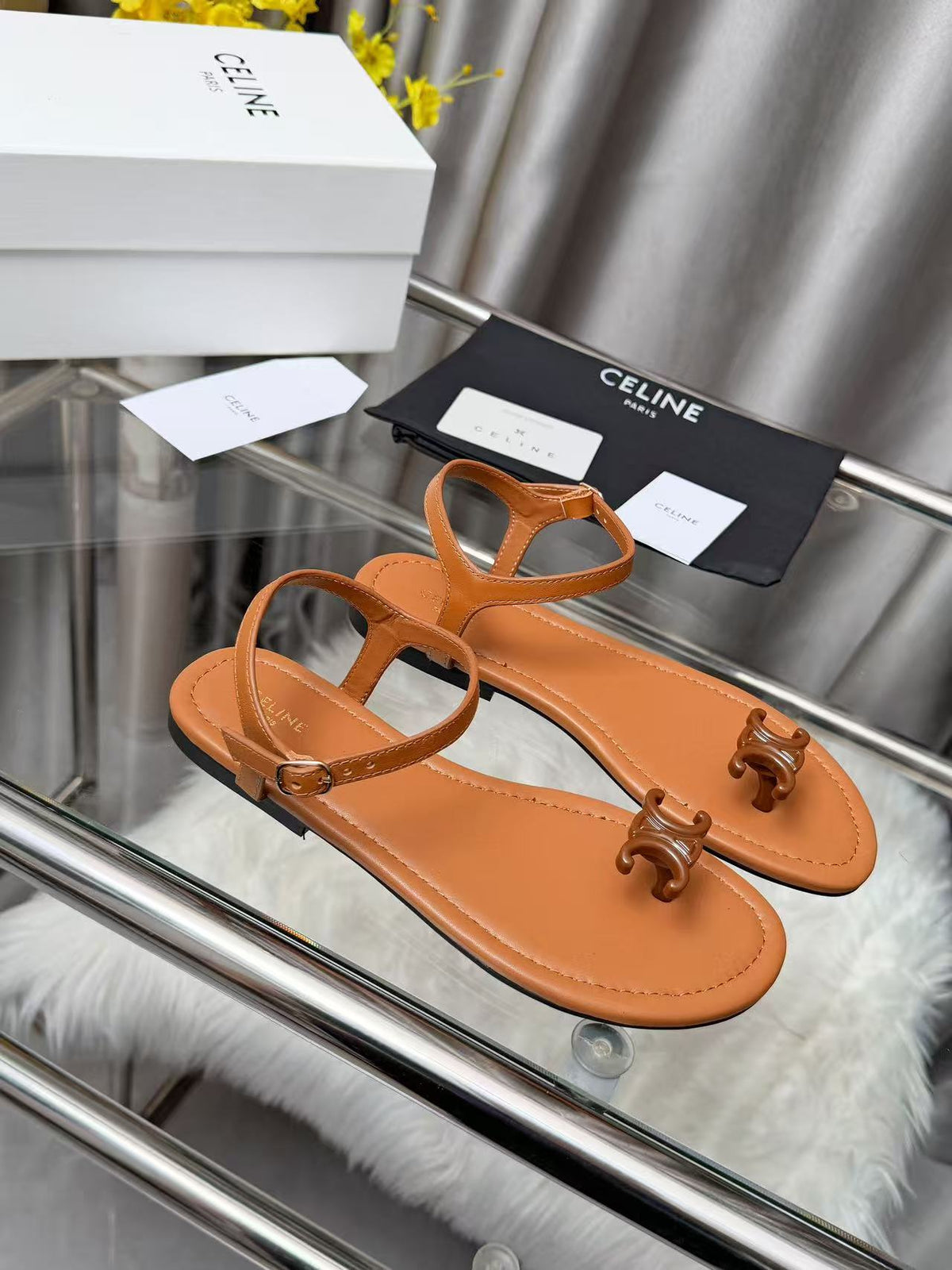 CELINE Triomphe Flat Thong Sandals — Brown