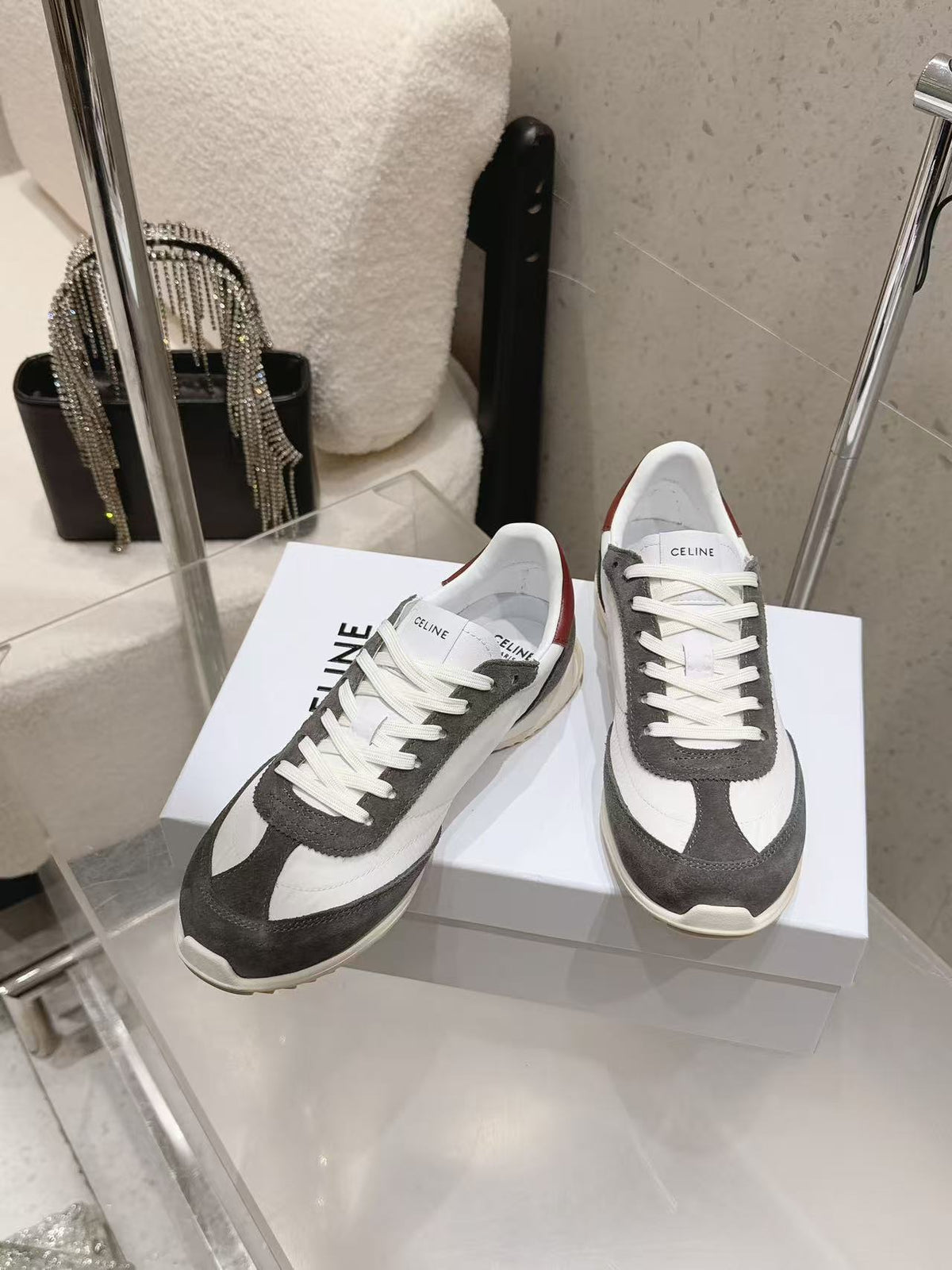 CELINE New Logo Laced Casual Sneakers — Grey, Black & White