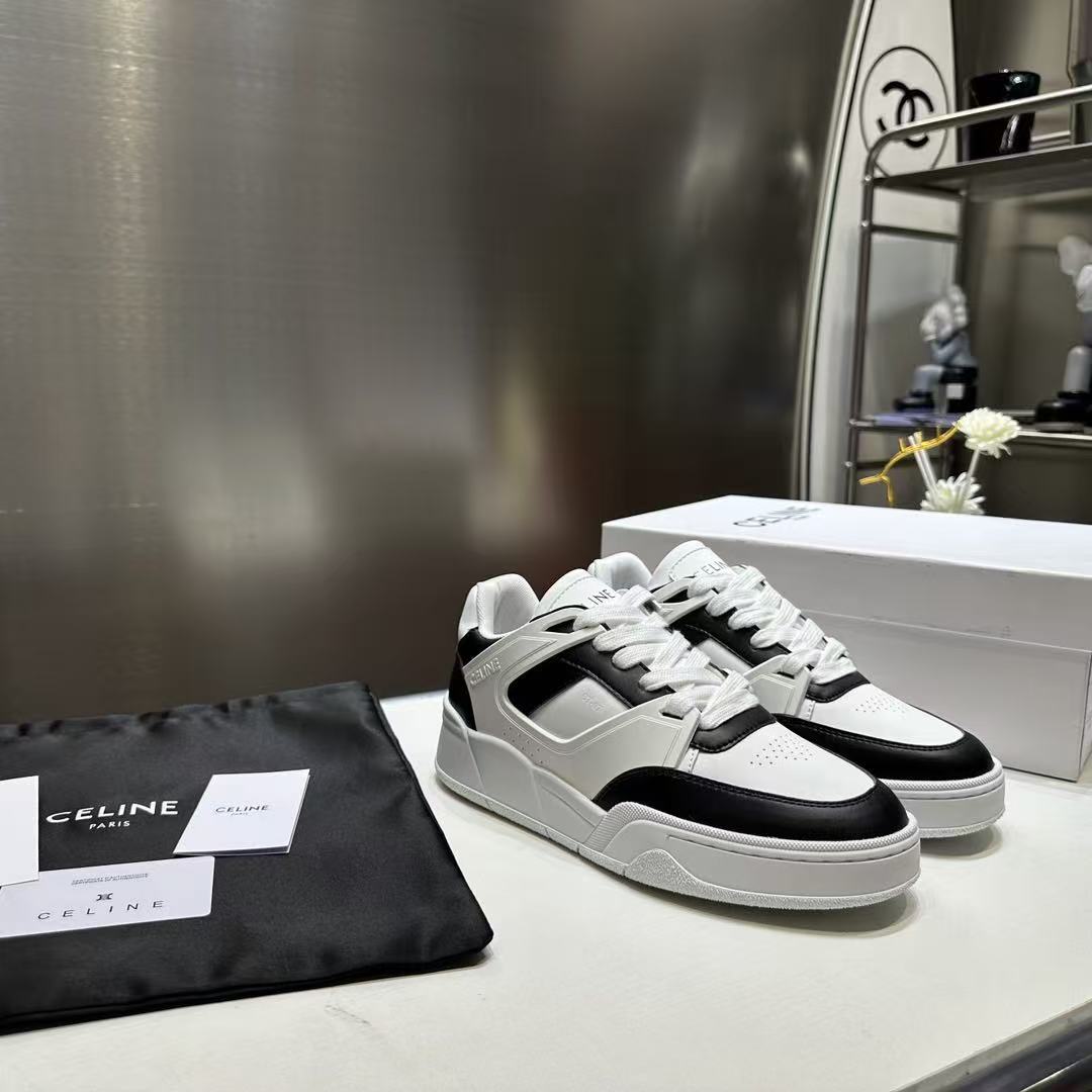 CELINE Leather Lace-Up Low-Top Sneakers — Men's White & Black