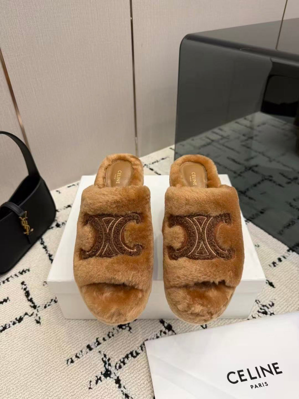 CELINE Grand Triomphe Waterproof Platform High Heels with Fur Trim — Brown