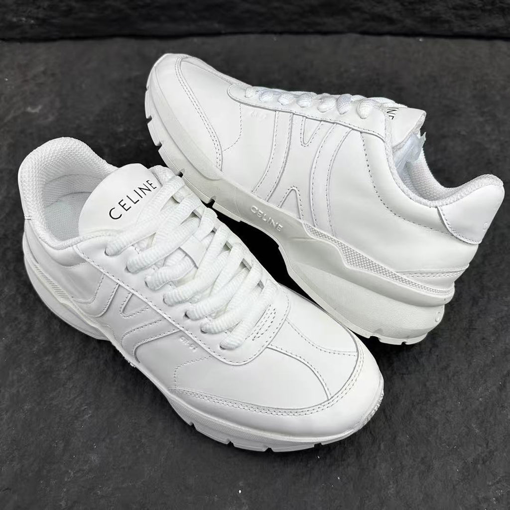 Celine CR-02 Runner Low-Top Lace-Up Sneakers in Calfskin — White with Oversized Celine Logo