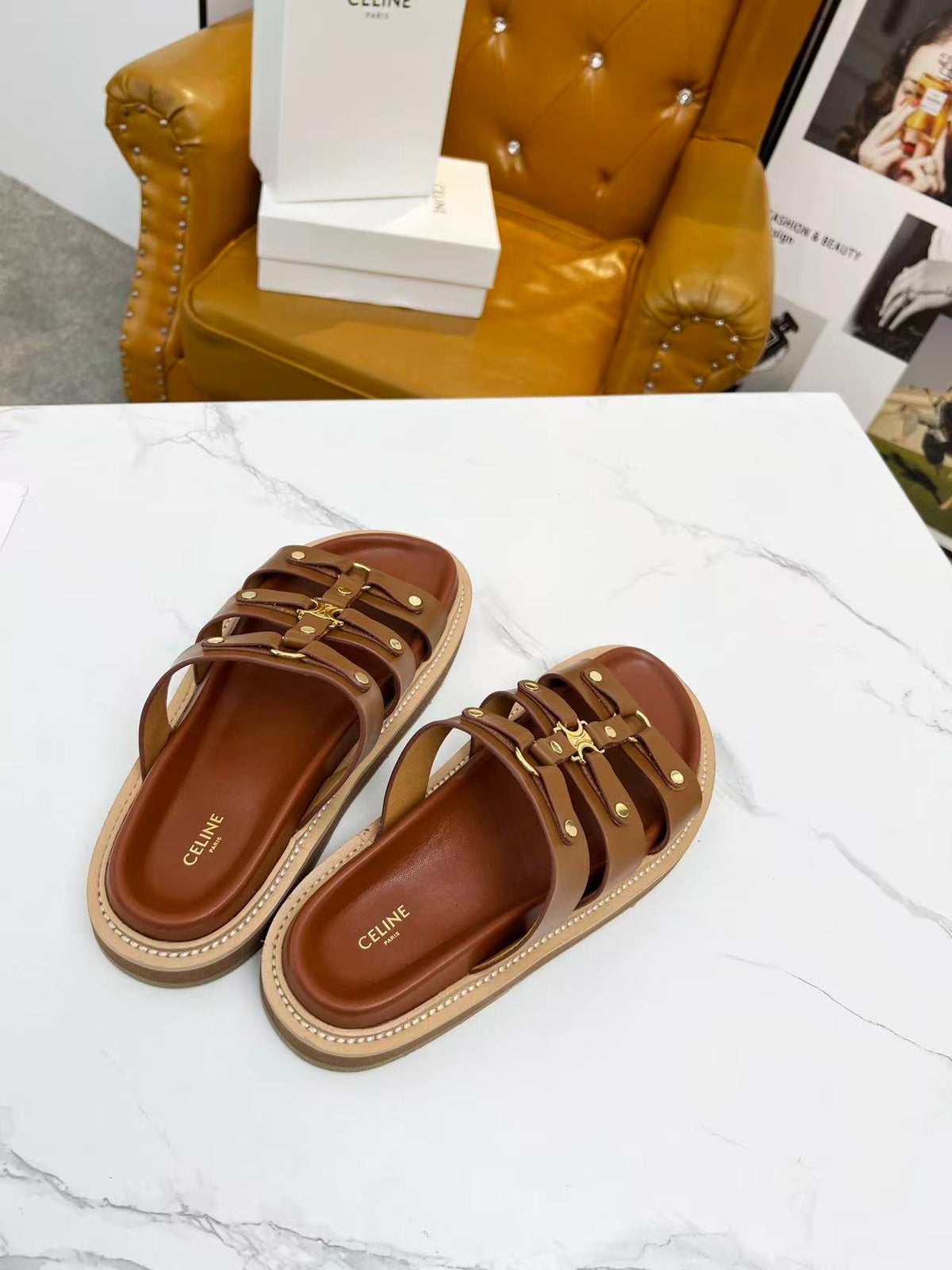 CELINE Metal Buckle Sandals — Women's Tan | EU 35-40