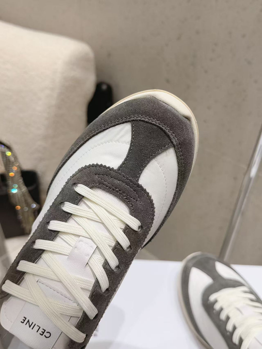 CELINE New Logo Laced Casual Sneakers — Grey, Black & White