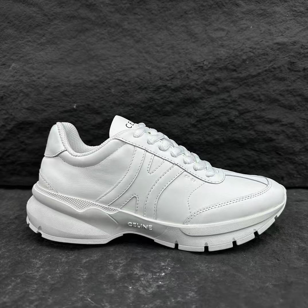Celine CR-02 Runner Low-Top Lace-Up Sneakers in Calfskin — White with Oversized Celine Logo