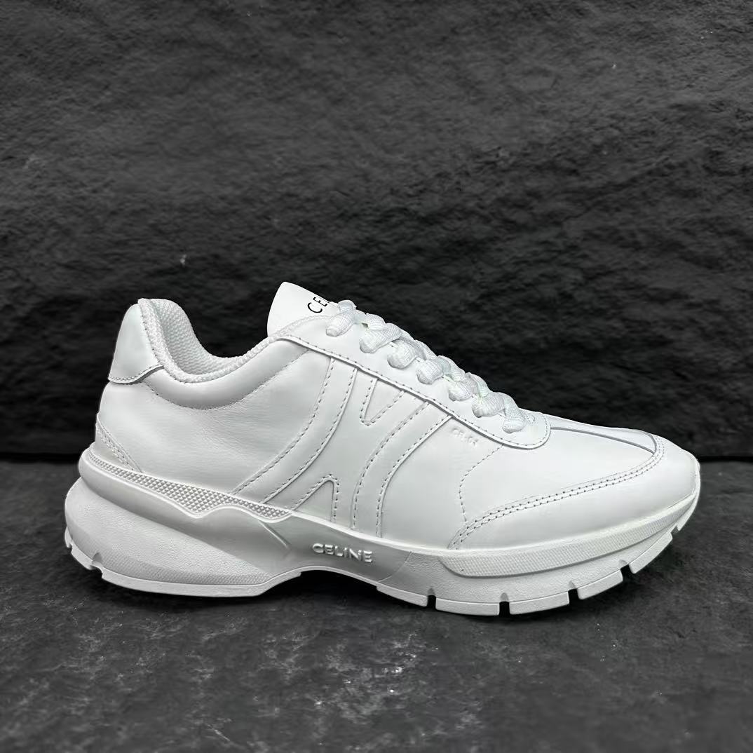 Celine CR-02 Runner Low-Top Lace-Up Sneakers in Calfskin — White with Oversized Celine Logo