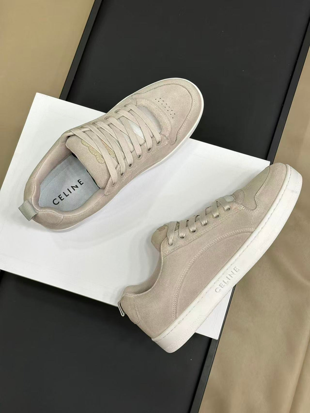 Celine Triomphe Vintage-Style Low-Top Sneakers — Ecru