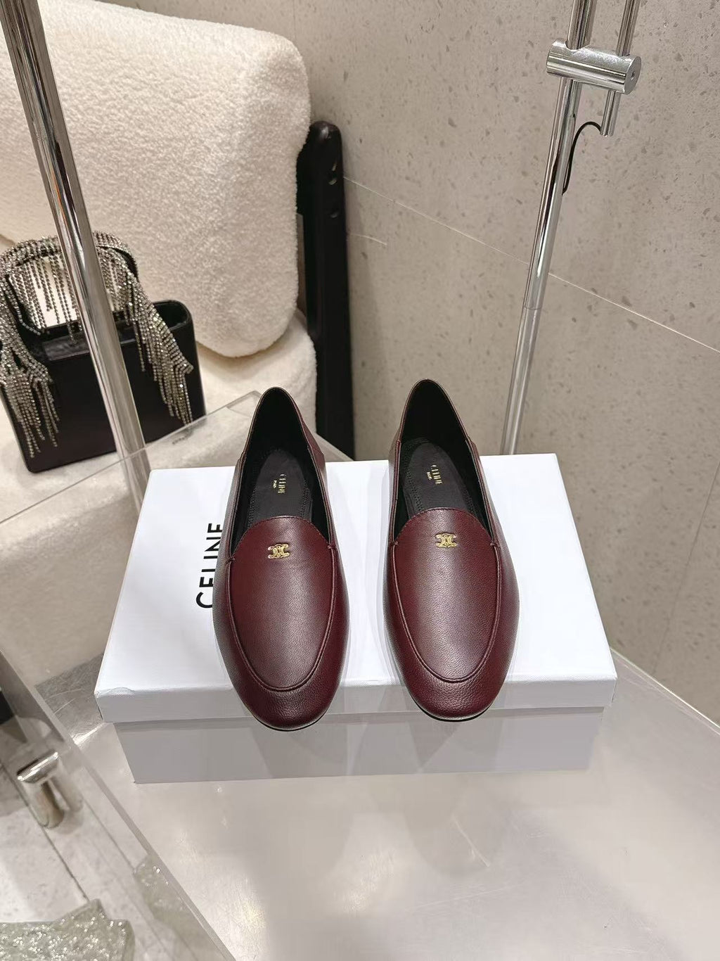 CELINE Triomphe Round-Toe Flat Loafers — Burgundy