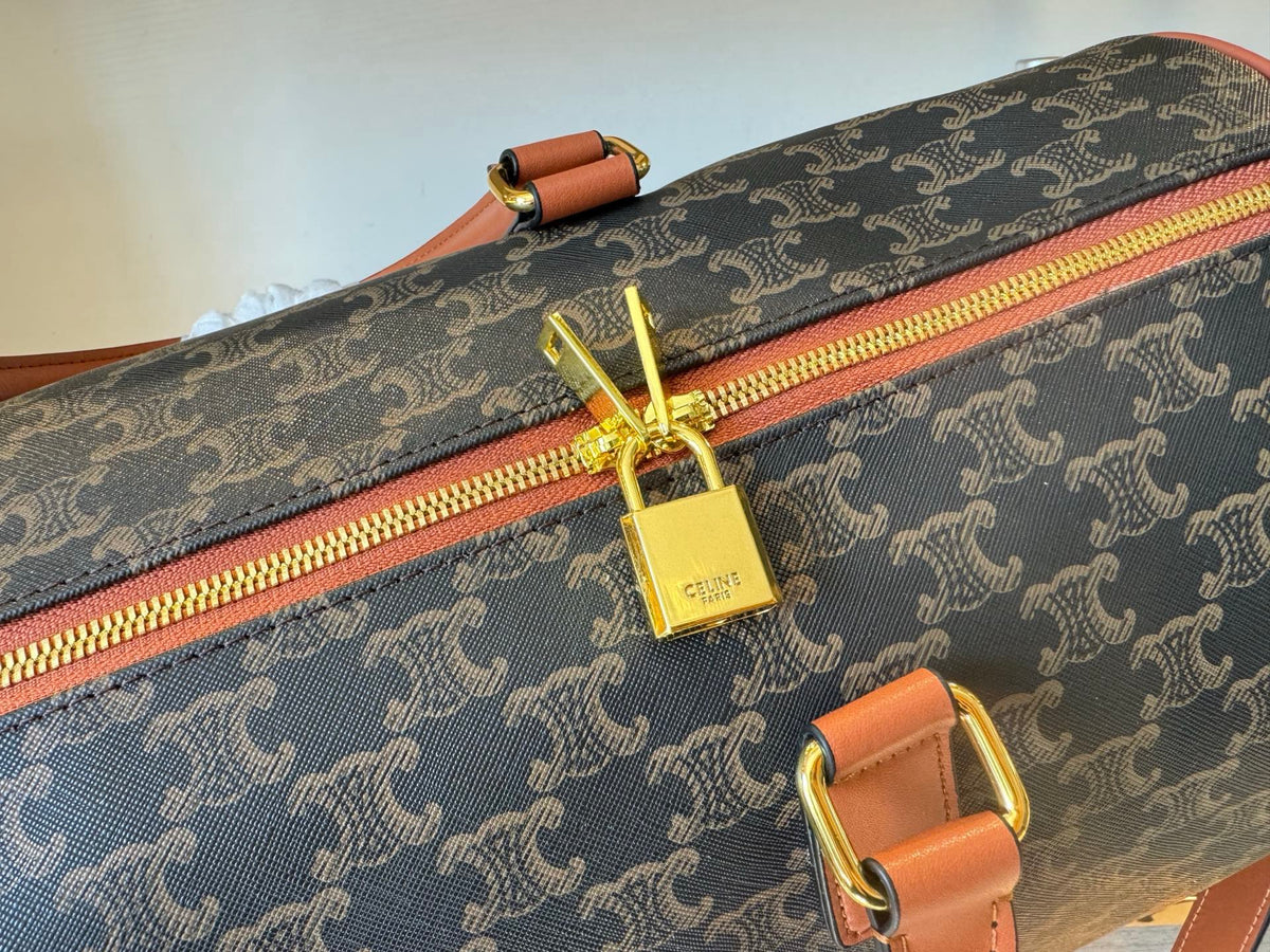 CELINE Triomphe Printed Fabric & Leather Travel Bag in Brown
