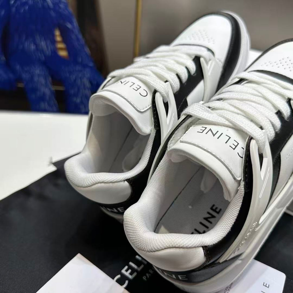 CELINE Leather Lace-Up Low-Top Sneakers — Men's White & Black