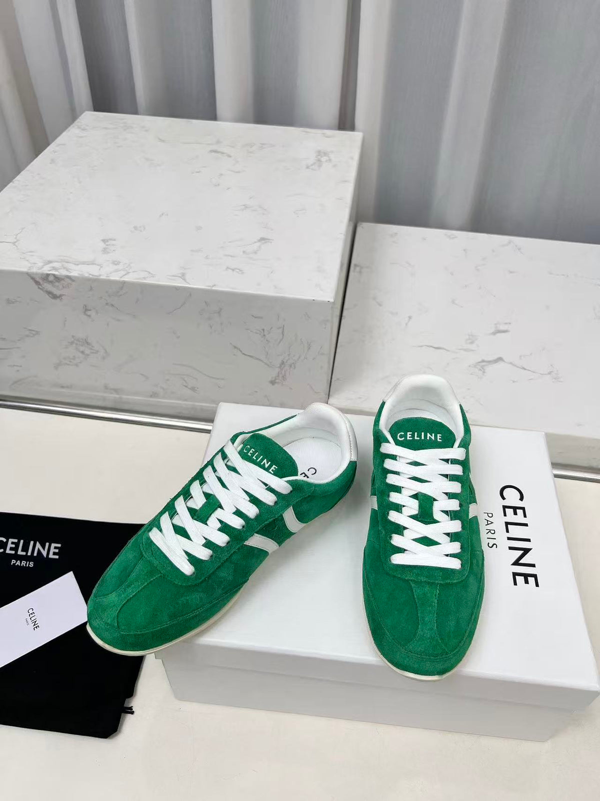 CELINE Jogger Triomphe Low-Top Sneakers in Green Cowhide & Suede