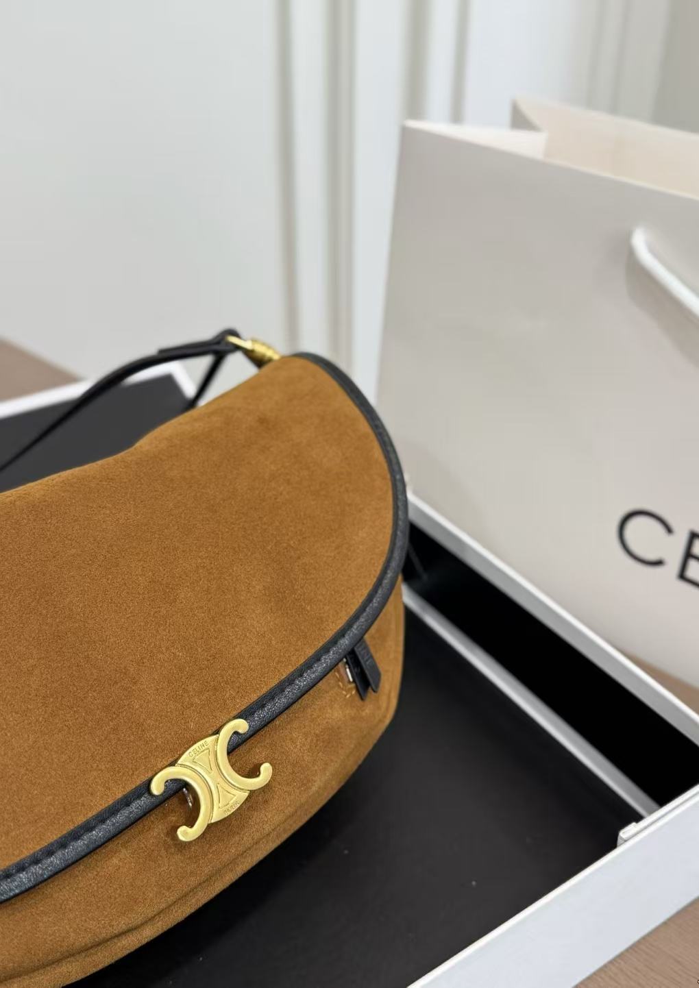 CELINE Halfmoon Shoulder-Slung Clutch in Bronze