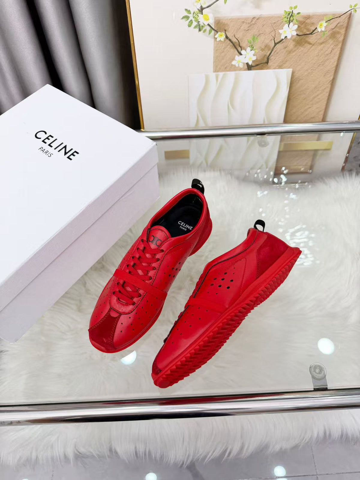 CELINE Women's Calfskin Leather Lace-Up Low-Top Casual Shoes | Red | EU 35-41