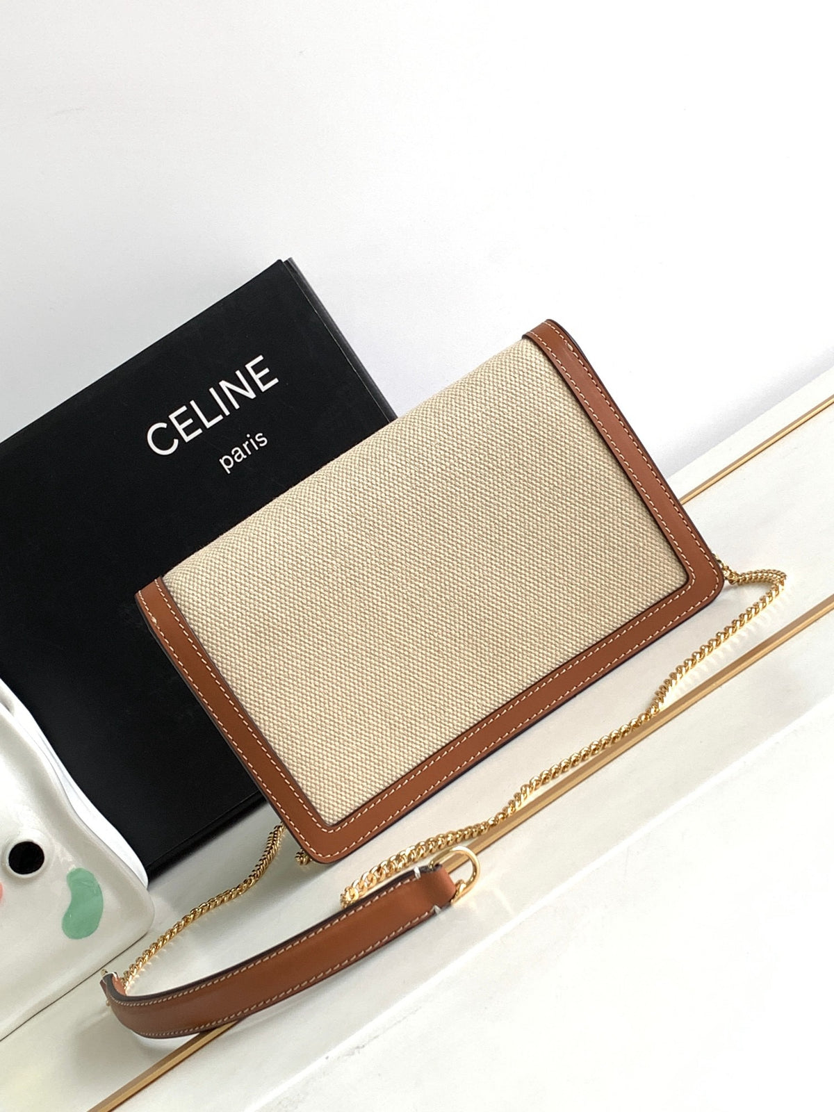CELINE Cuir Triomphe Fabric & Cowhide Leather Wallet on Chain in Bronze