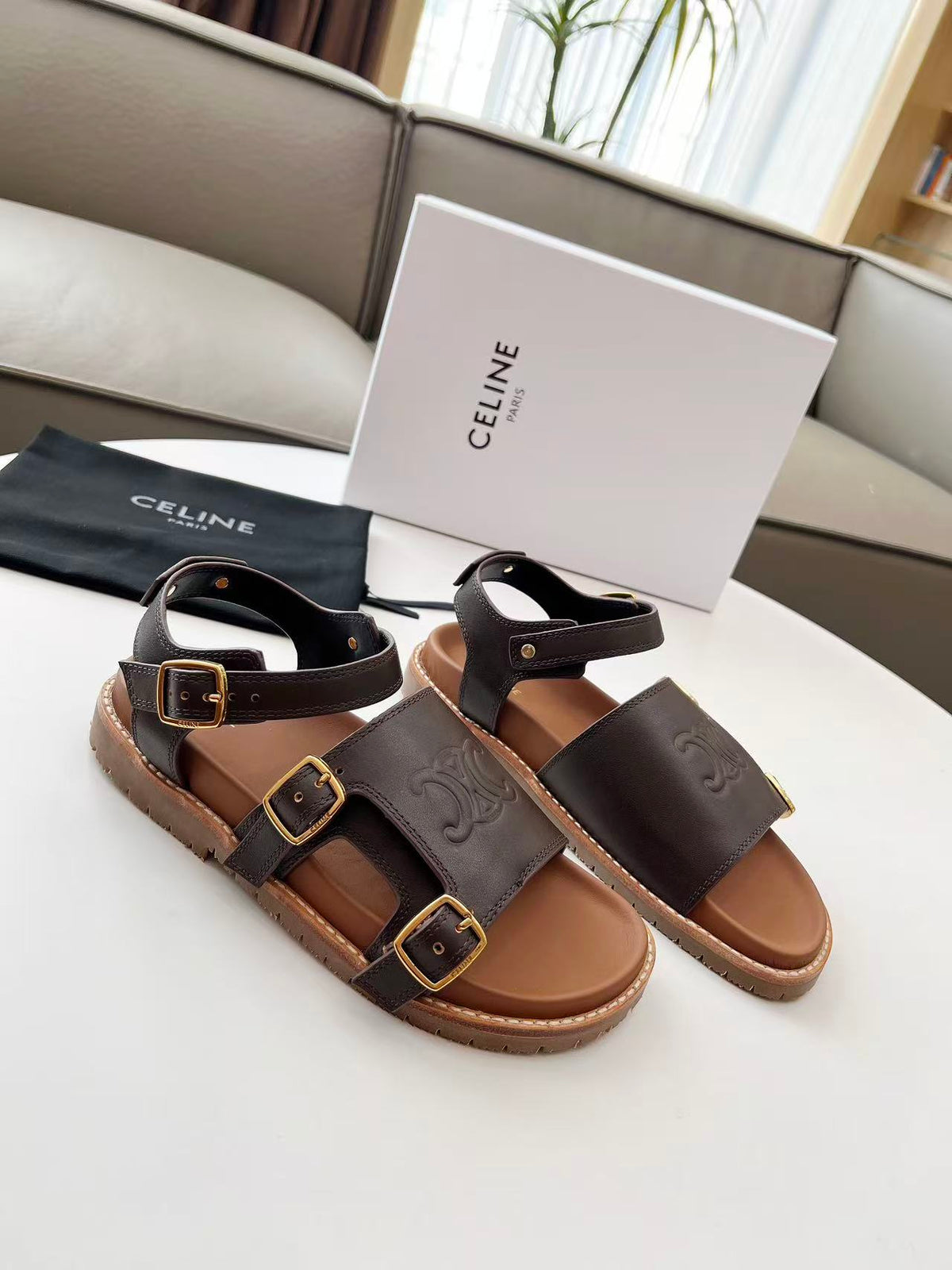 CELINE Arc de Triomphe Logo Platform Sandals — Women's Vegetable-Tanned Leather | EU 35-41