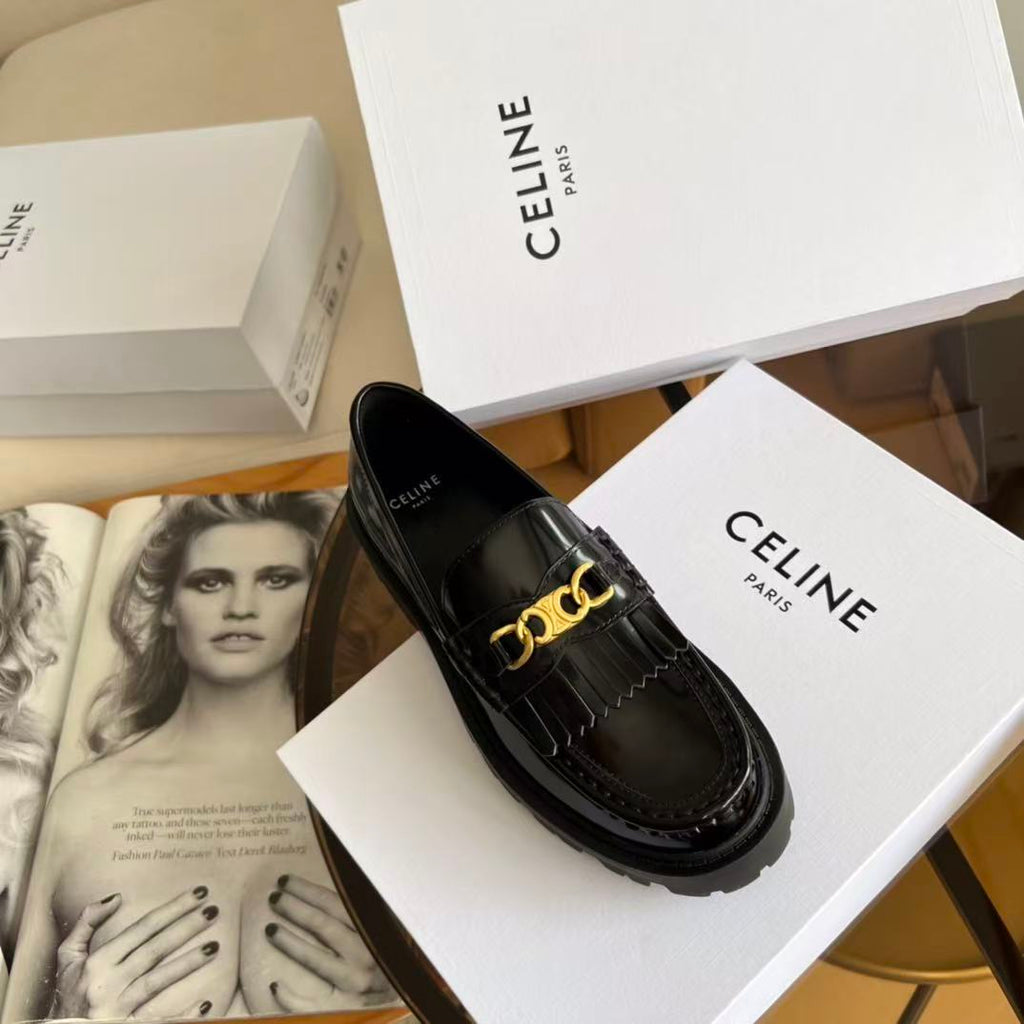 CELINE Chain Tassel Leather Loafers | 3.5cm Heel | Black & Burgundy