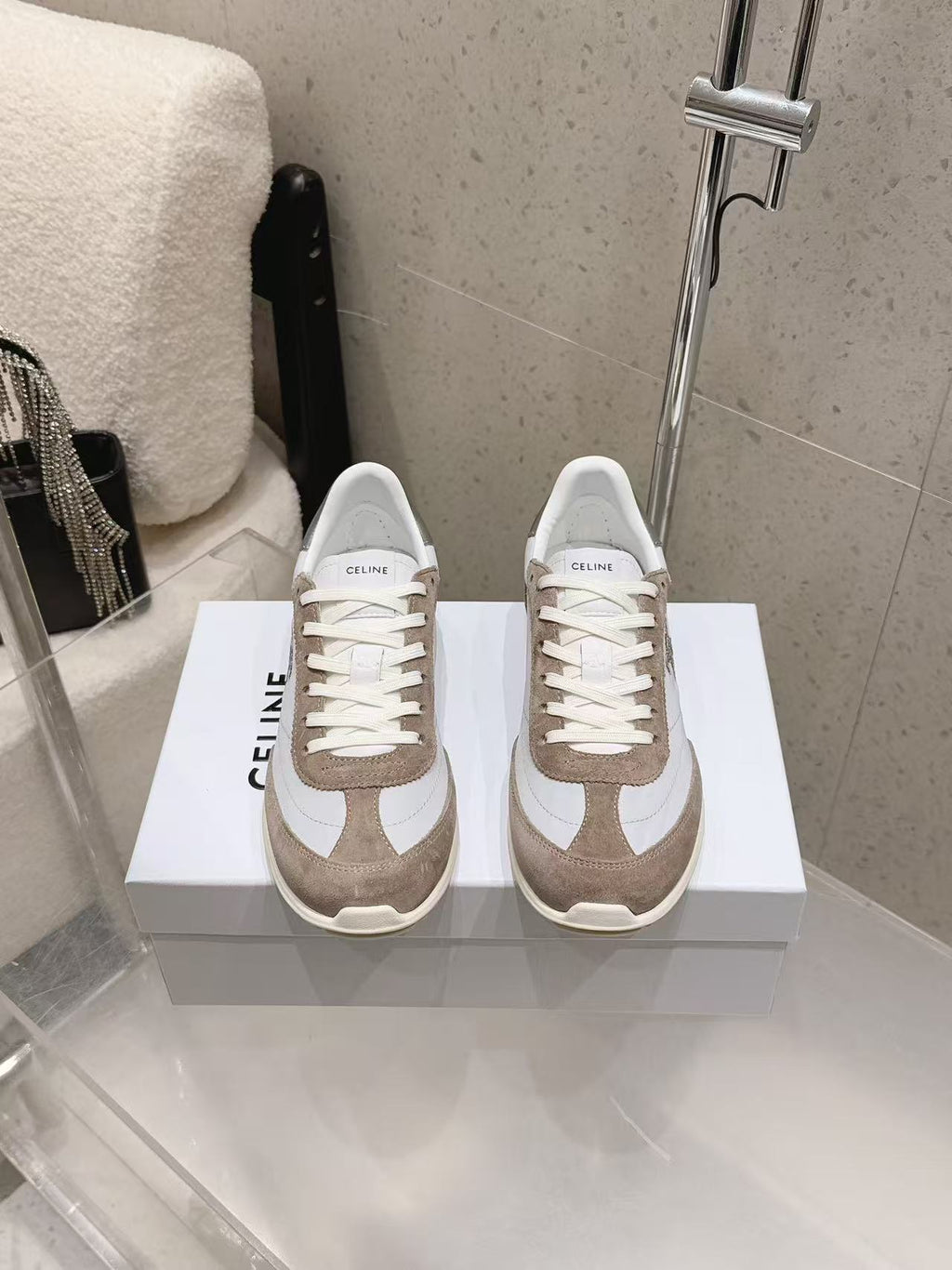 CELINE New Logo Laced Casual Sneakers — Apricot & White