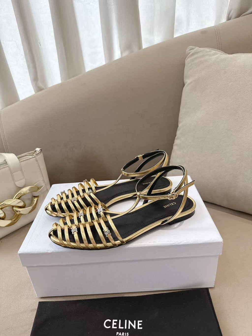 CELINE Cage Hollow Round-Toe Flat Roman Sandals | Gold | EU 36-42