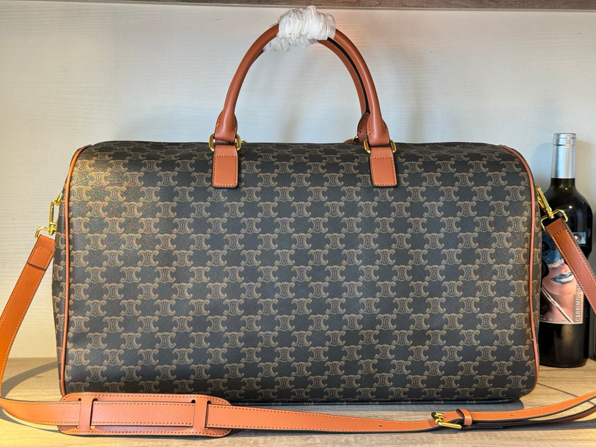 CELINE Triomphe Printed Fabric & Leather Travel Bag in Brown