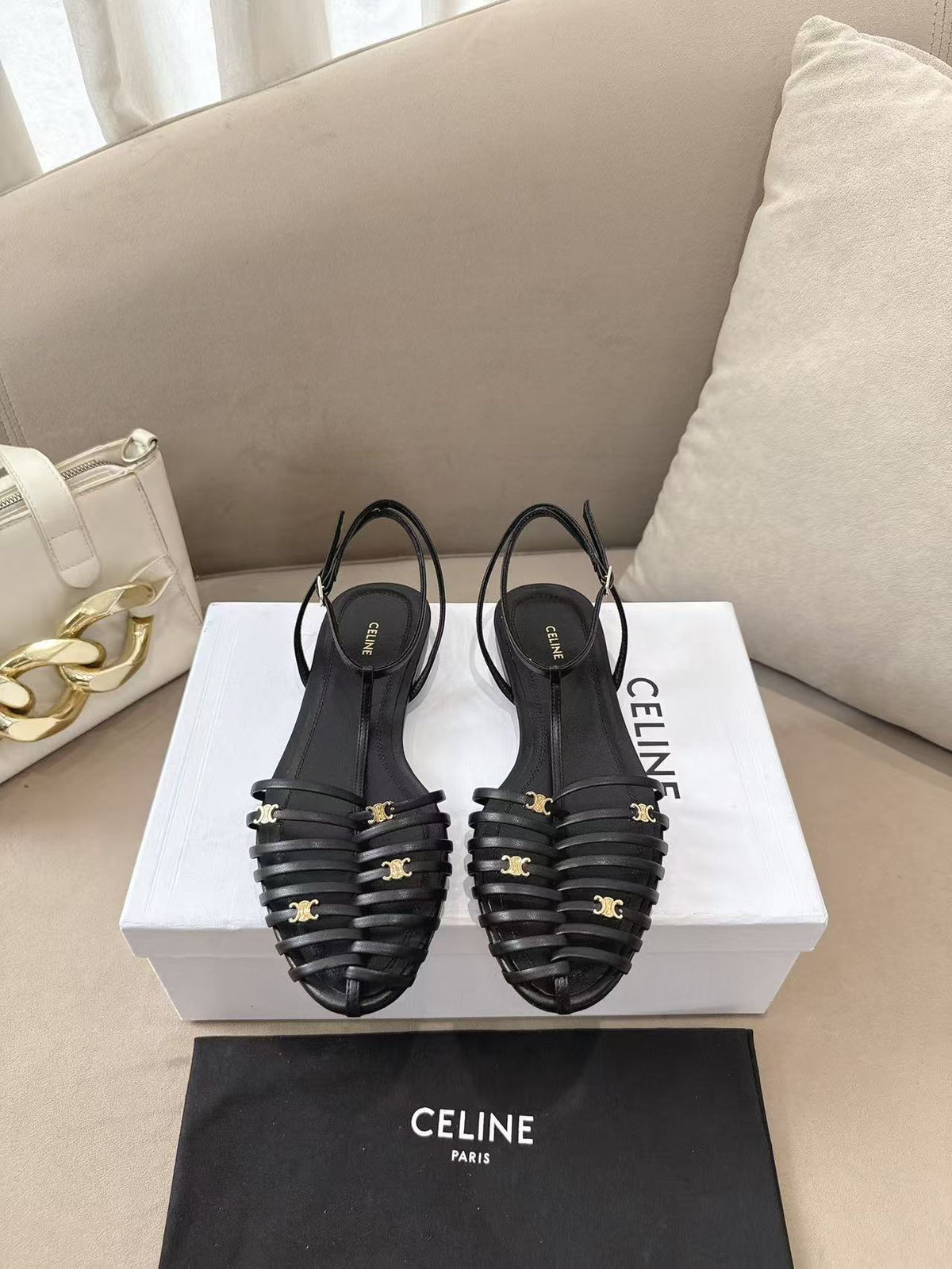 CELINE Sheepskin Flat Buckle Roman Sandals | Black | EU 36-42