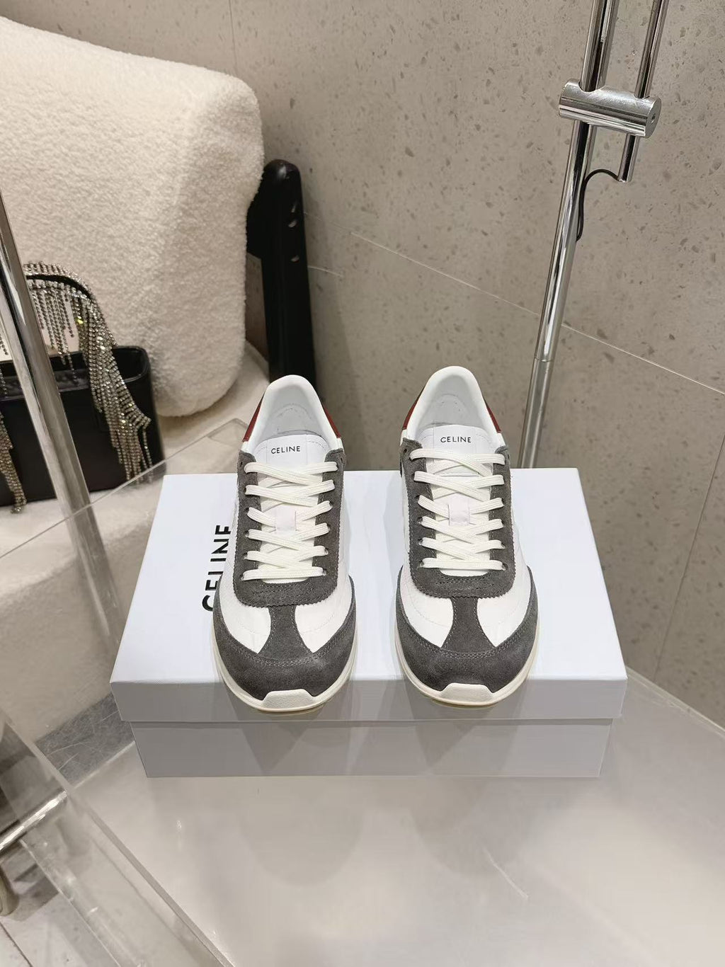CELINE New Logo Laced Casual Sneakers — Grey, Black & White
