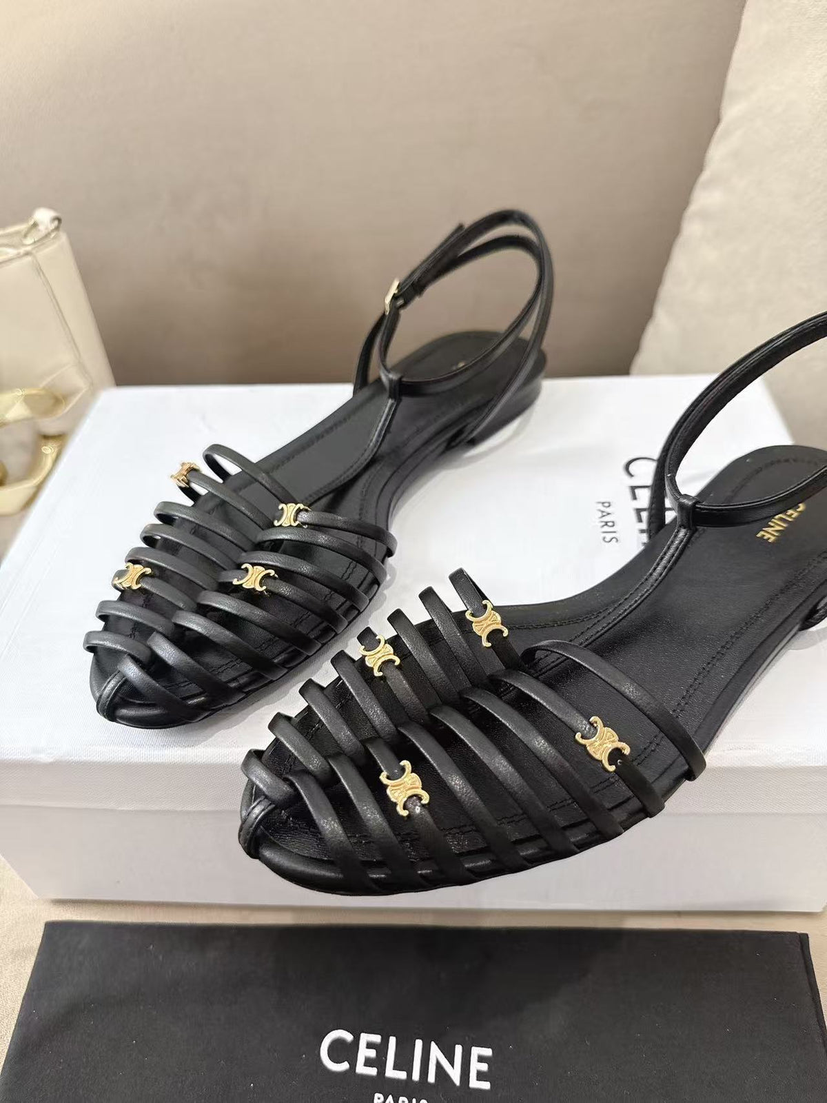 CELINE Sheepskin Flat Buckle Roman Sandals | Black | EU 36-42