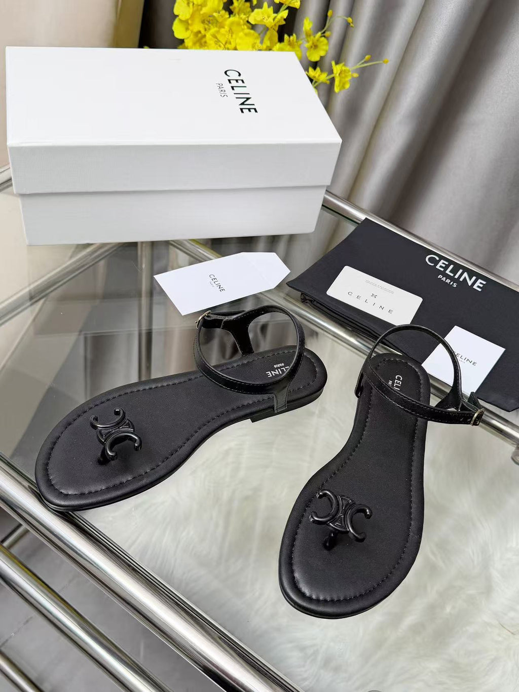 CELINE Triomphe Flat Thong Sandals — Black