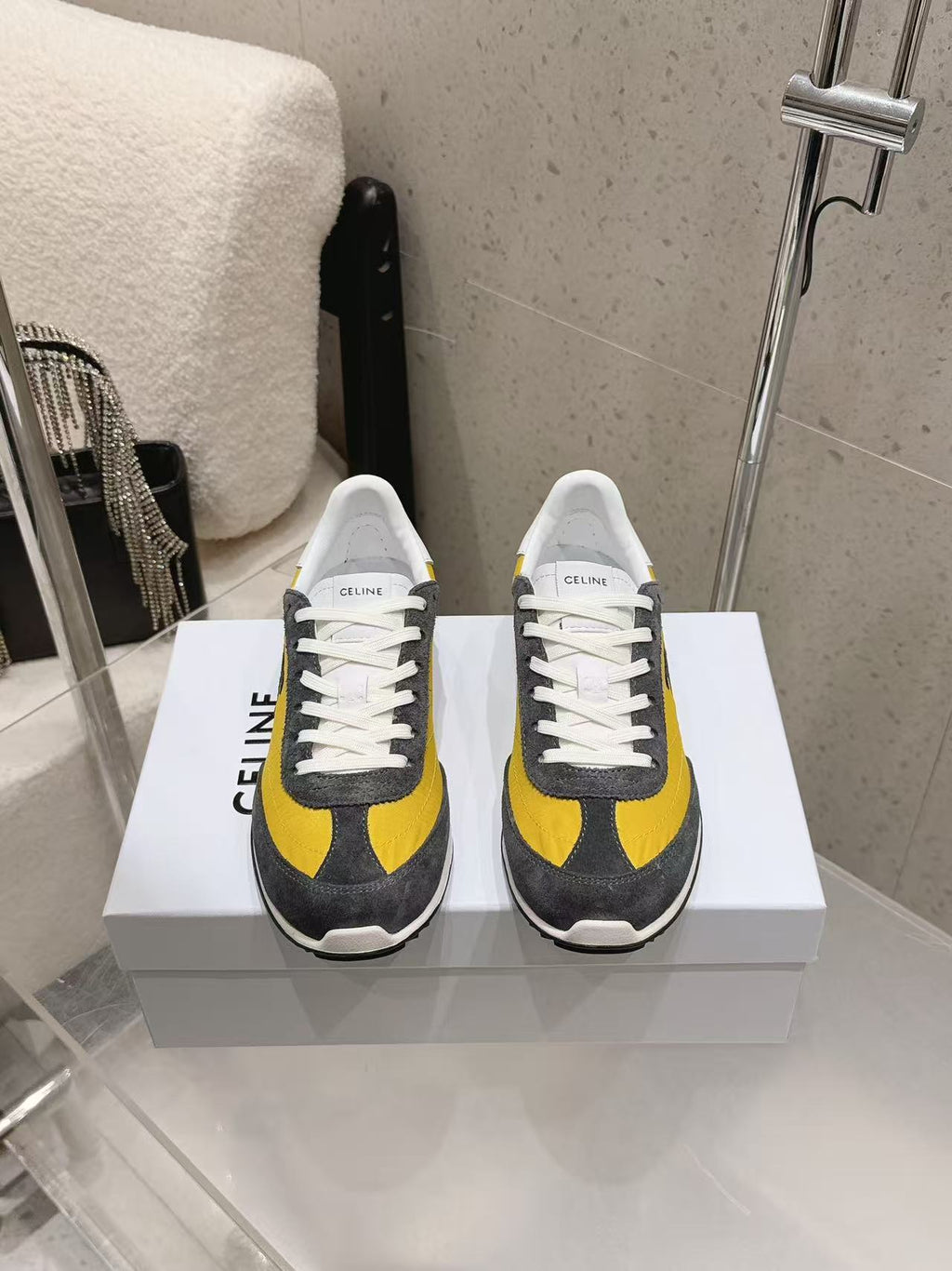 CELINE New Logo Laced Casual Sneakers — Grey & Yellow