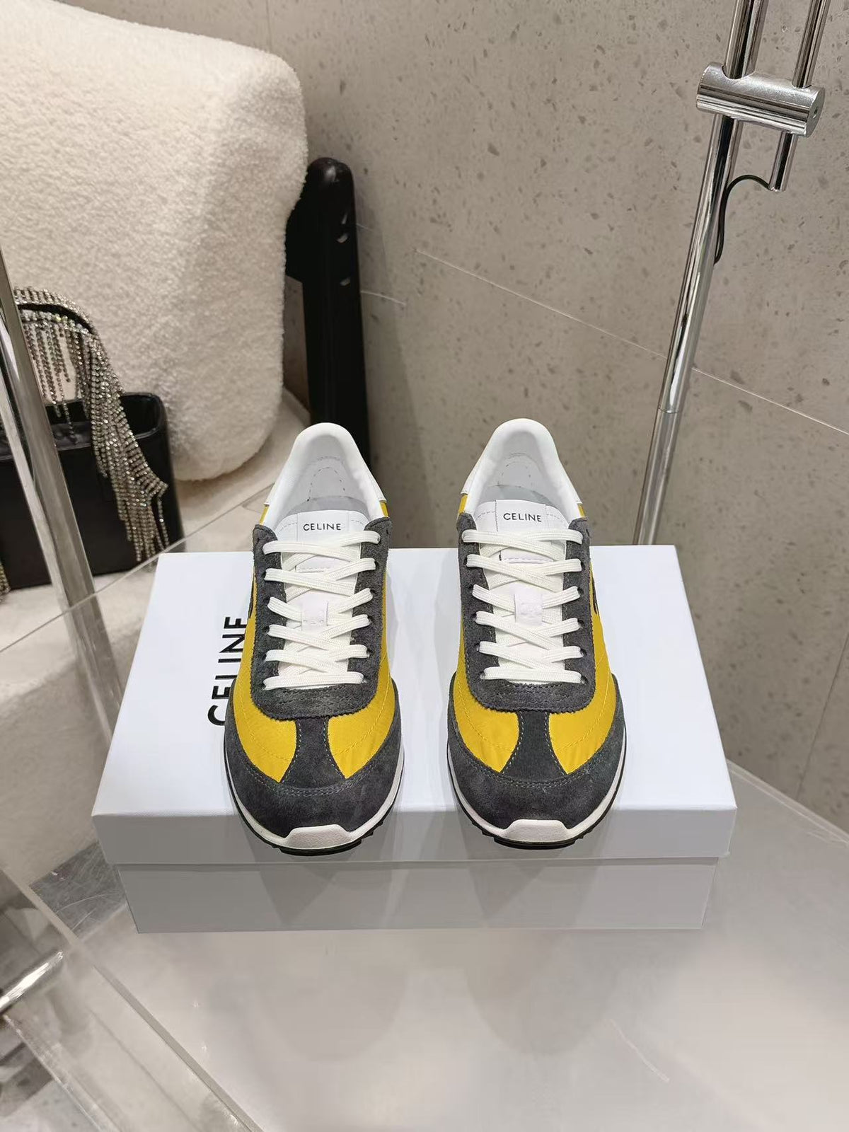 CELINE New Logo Laced Casual Sneakers — Grey & Yellow