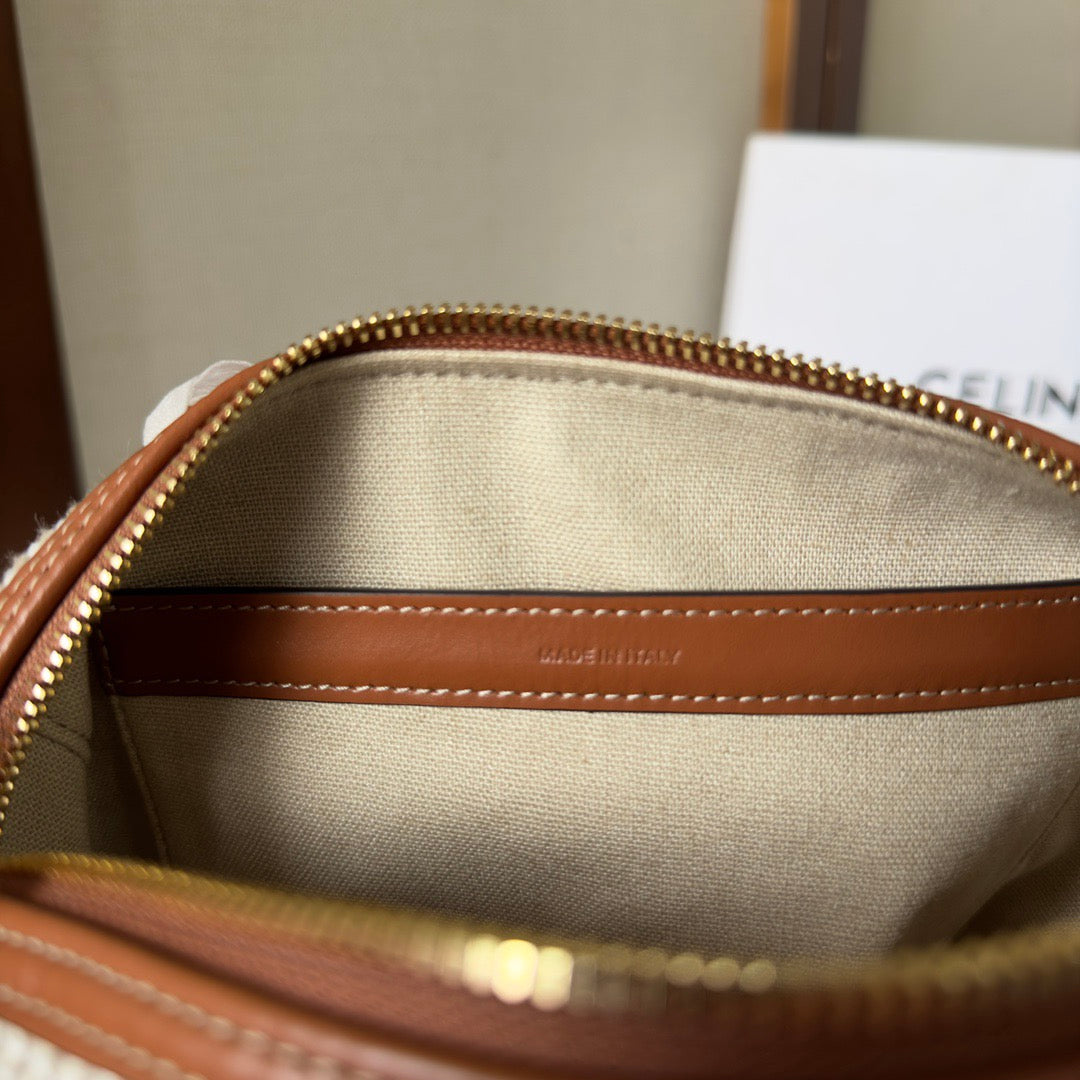 CELINE Small Triomphe Boston Bag in Brown Striped Textile