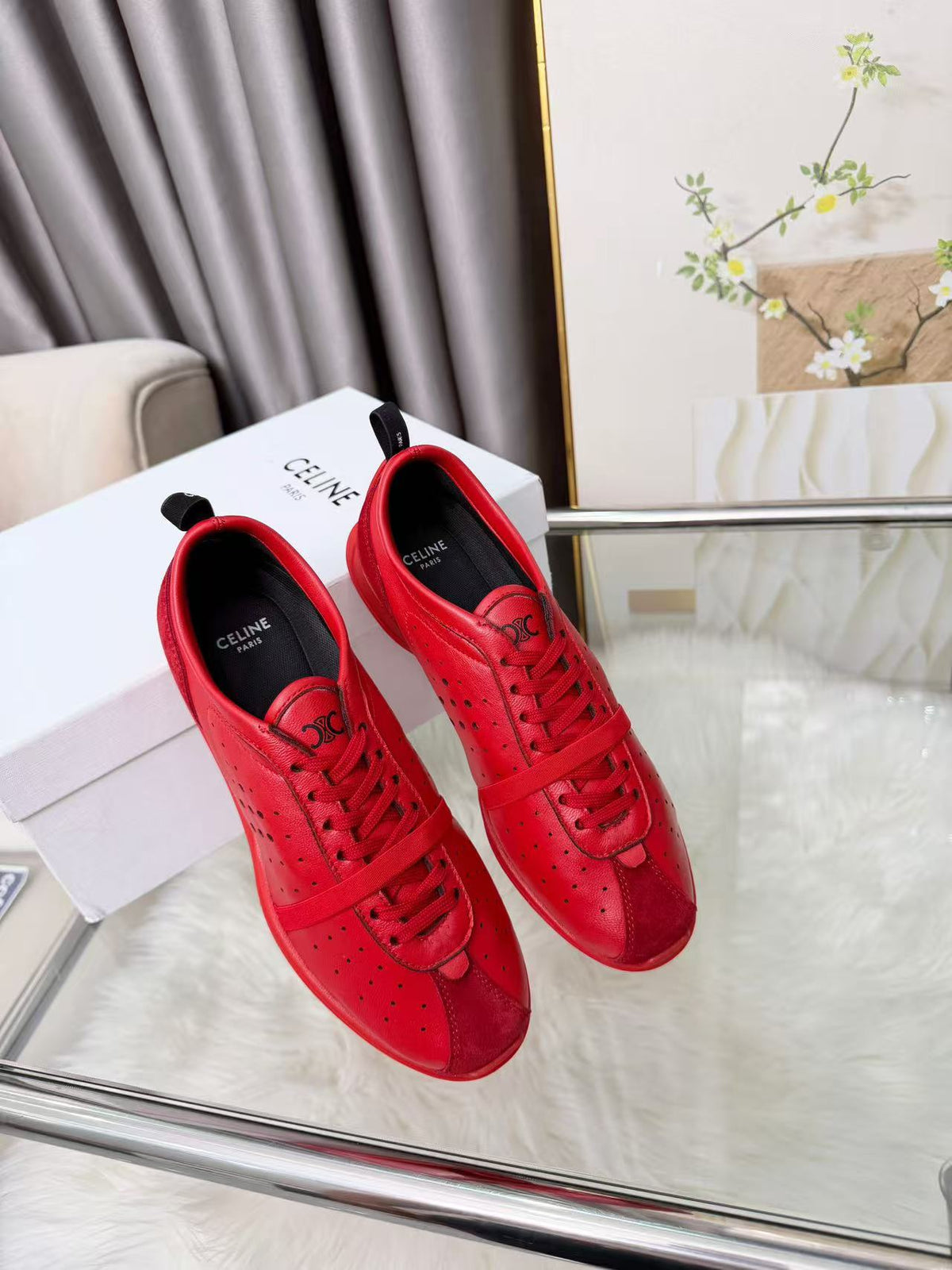 CELINE Women's Calfskin Leather Lace-Up Low-Top Casual Shoes | Red | EU 35-41