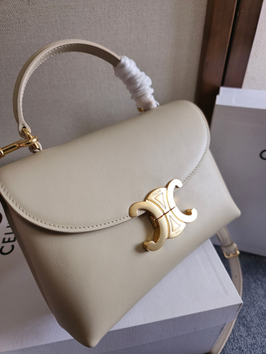 CELINE Triomphe Kelly Handbag in Light Beige