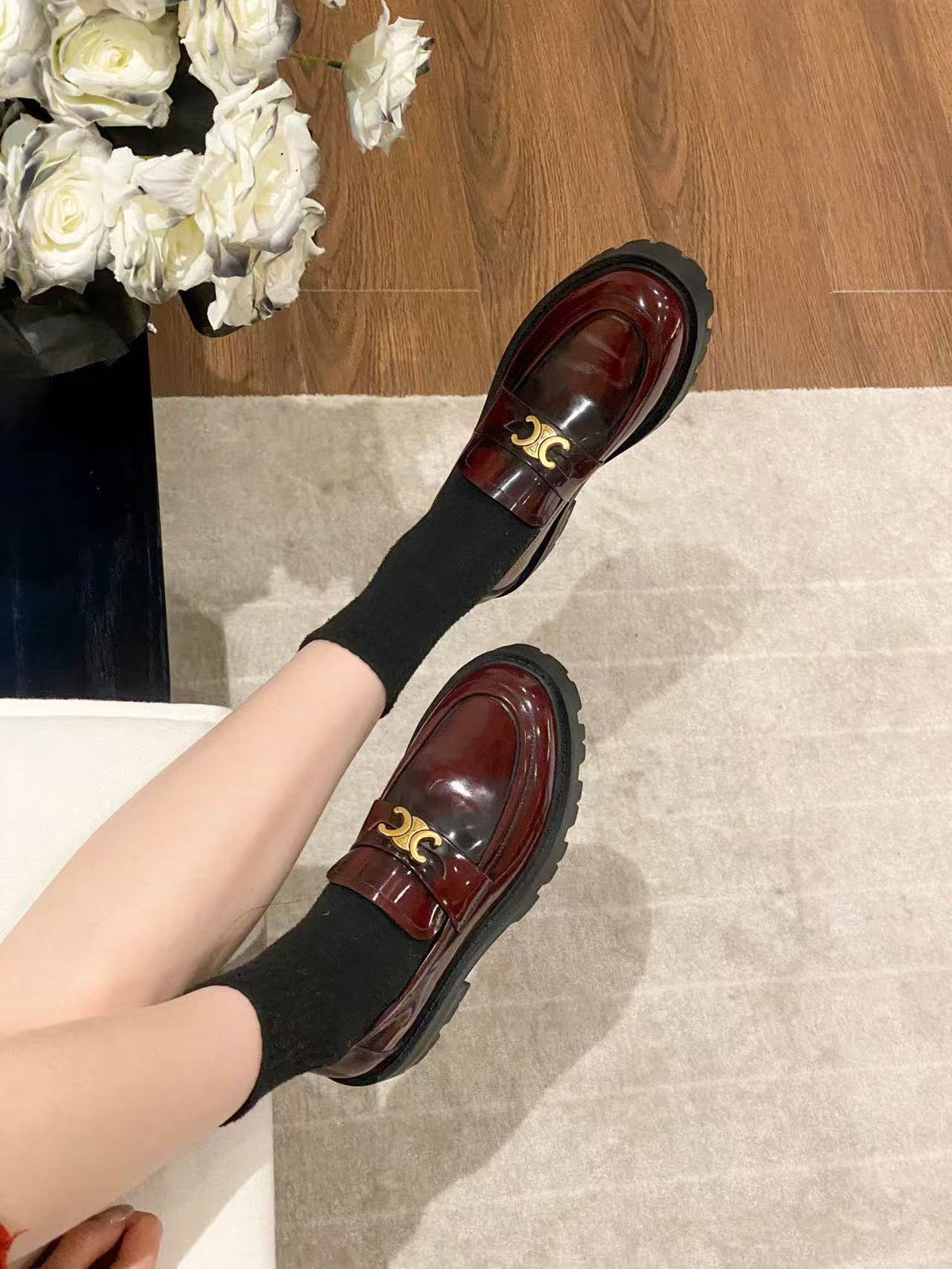 CELINE Chain Tassel Leather Loafers | 3.5cm Heel | Red