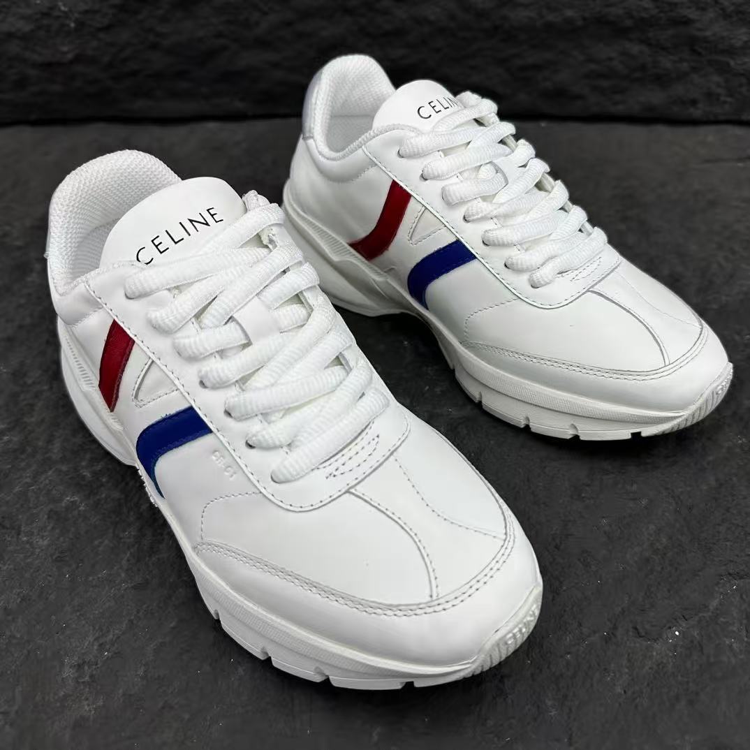 Celine CR-02 Runner Low-Top Lace-Up Sneakers in Calfskin — Red & Blue Stripe