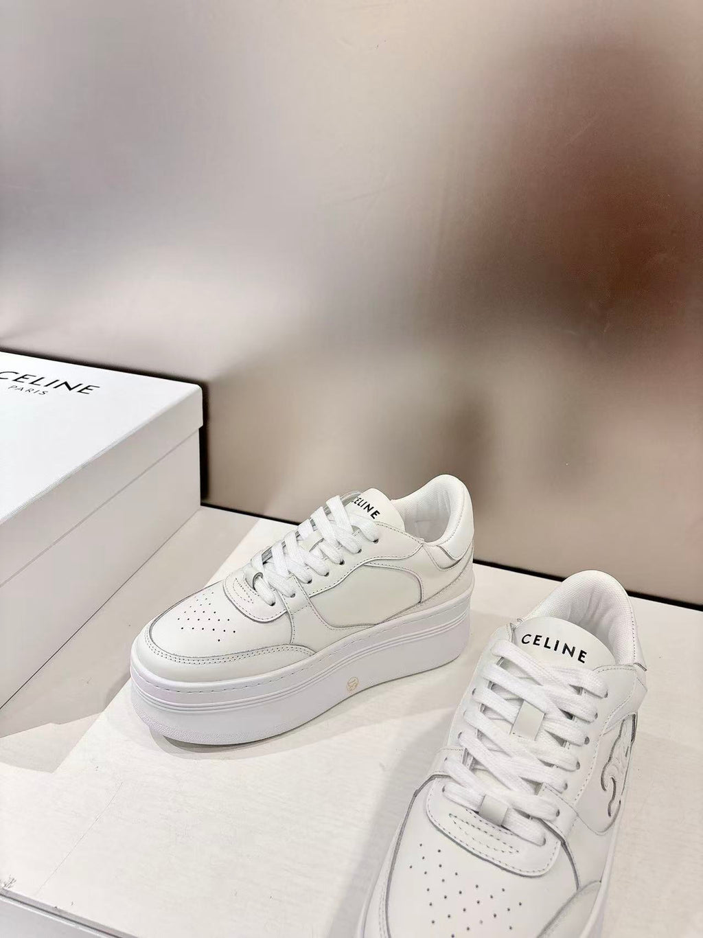 CELINE Triomphe Embellished Wedge Low-Top Sneakers — Women's Optical White