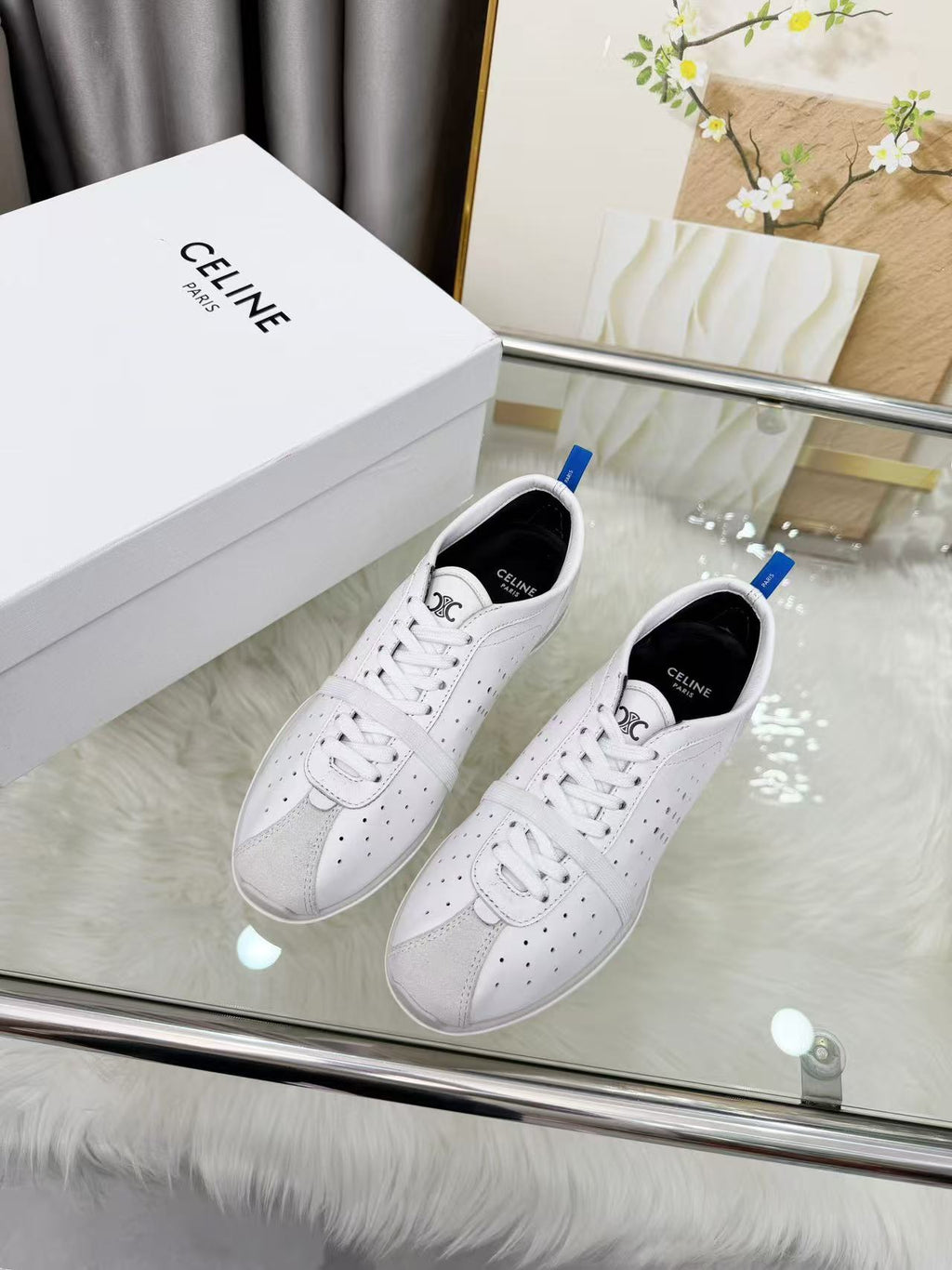 CELINE Women's Suede Perforated Lace-Up Low-Top Casual Shoes | Fluorescent White | EU 35-41