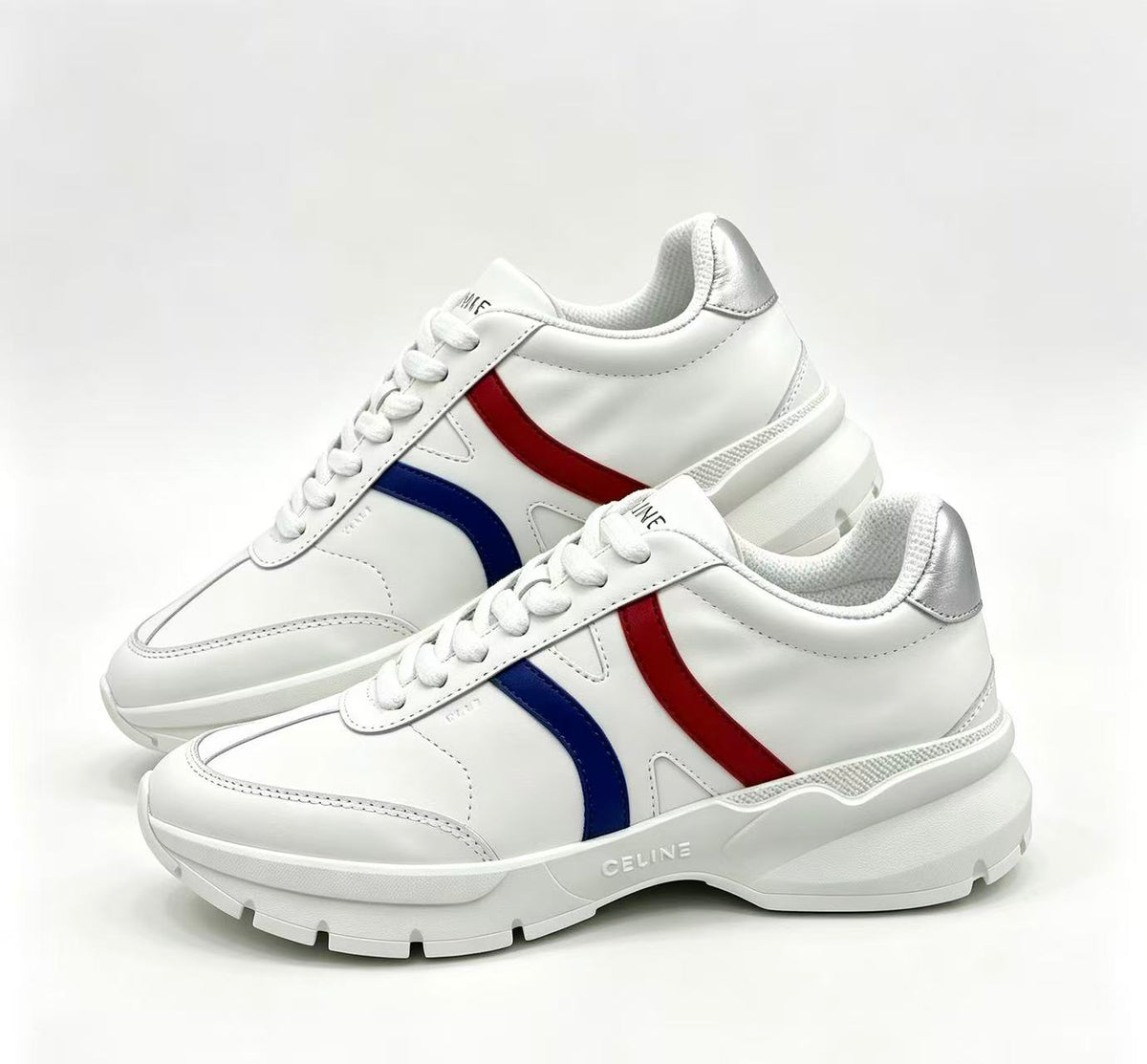 Celine CR-02 Runner Low-Top Lace-Up Sneakers in Calfskin — Red & Blue Stripe