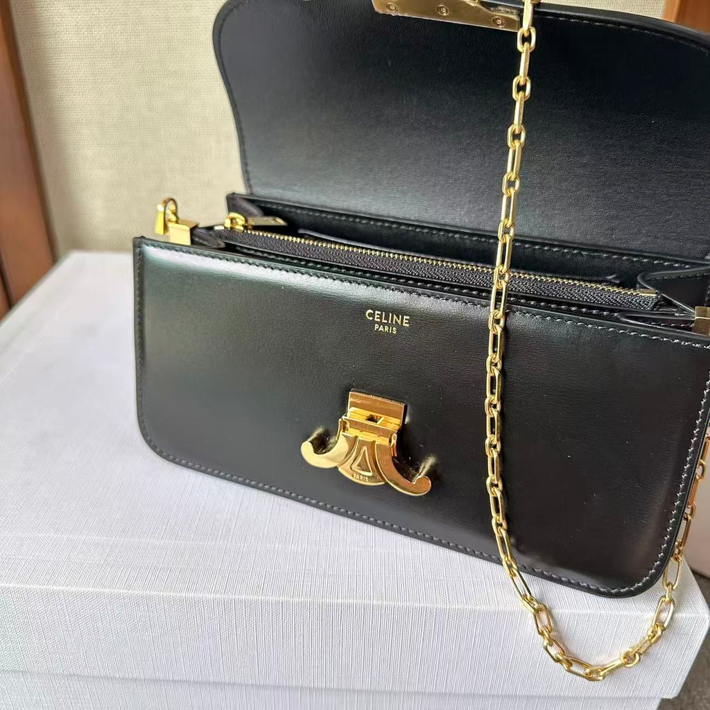 Celine Triomphe Chain Bag in Shiny Calfskin — Black