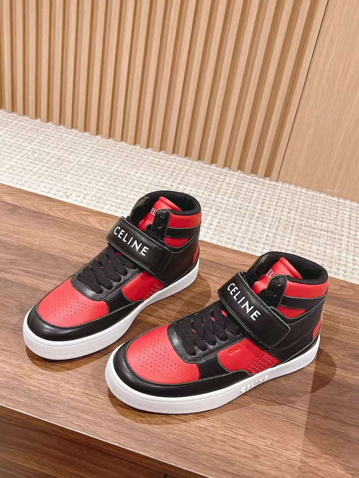 Celine Triomphe Low-Top Sneakers — Black & Red