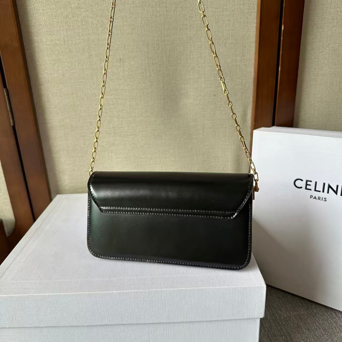 Celine Triomphe Chain Bag in Shiny Calfskin — Black