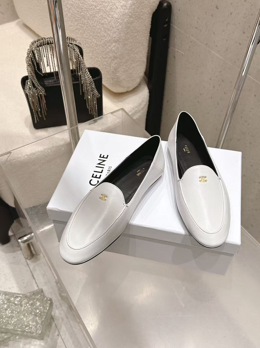 CELINE Triomphe Round-Toe Flat Loafers — White