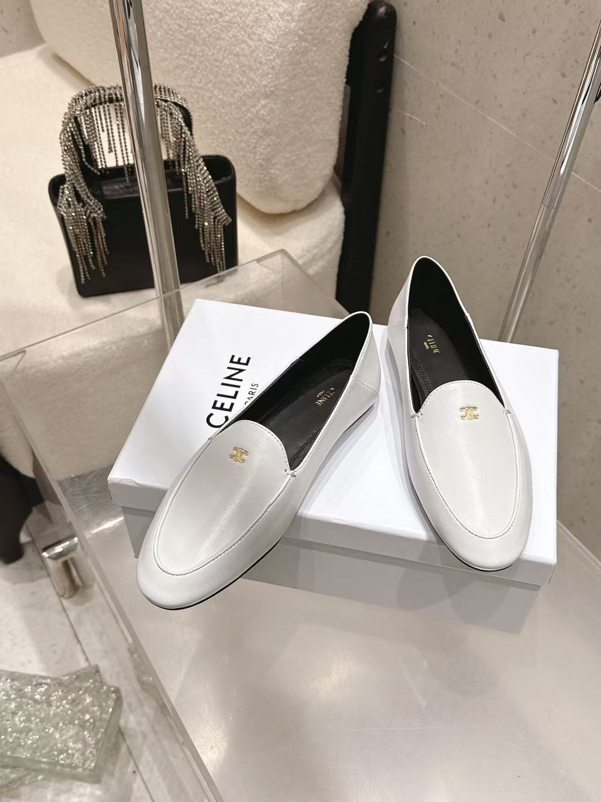 CELINE Triomphe Round-Toe Flat Loafers — White