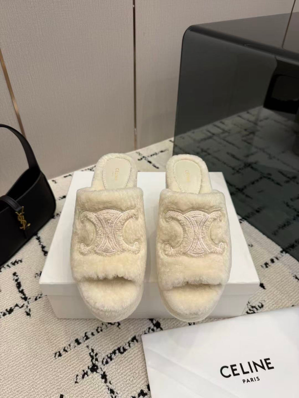 CELINE Grand Triomphe Waterproof Platform High Heels with Fur Trim — Beige