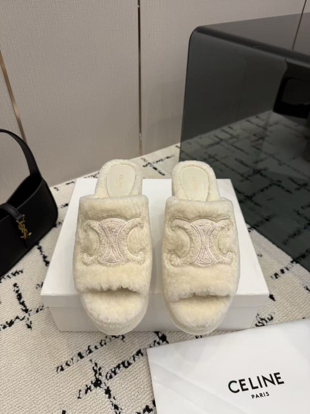 CELINE Grand Triomphe Waterproof Platform High Heels with Fur Trim — Beige