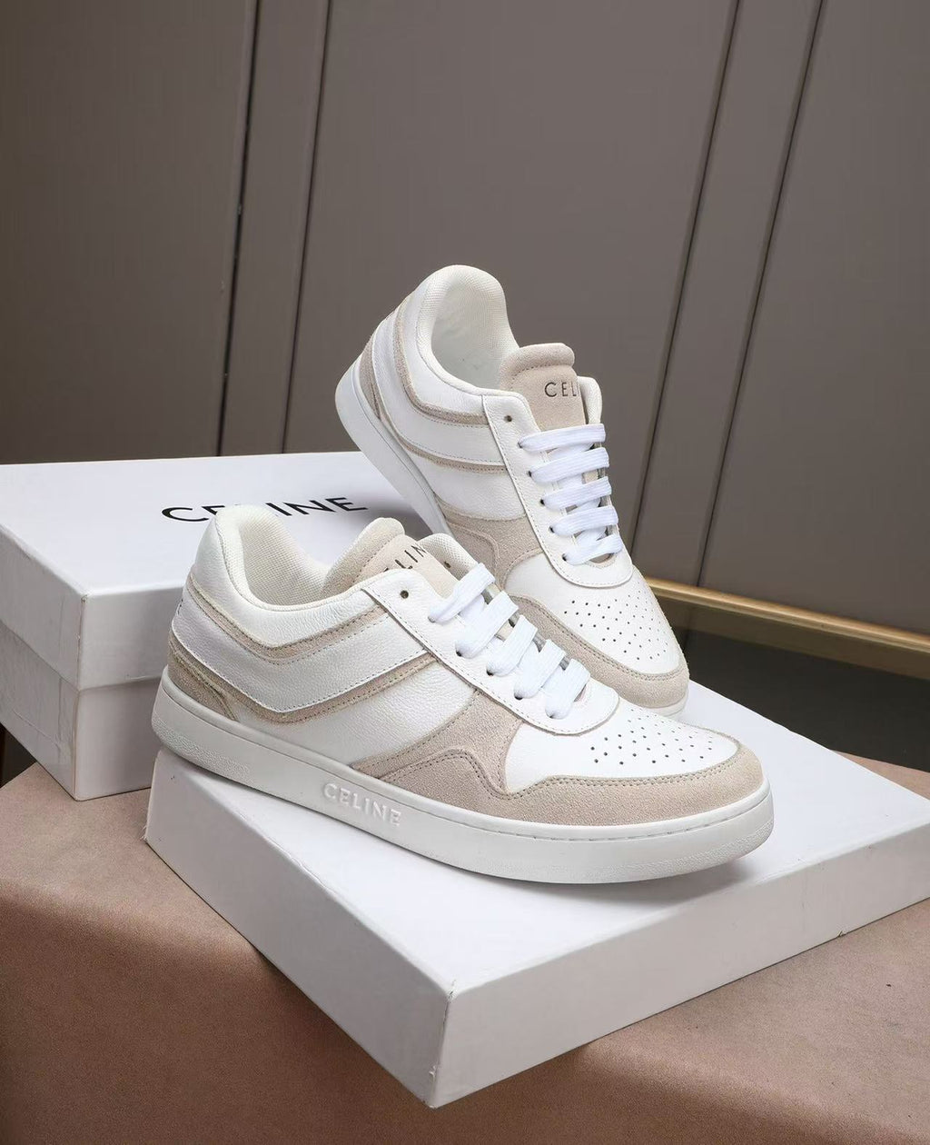 Celine Low-Top Sneakers with Celine Logo Detail — Ecru & White