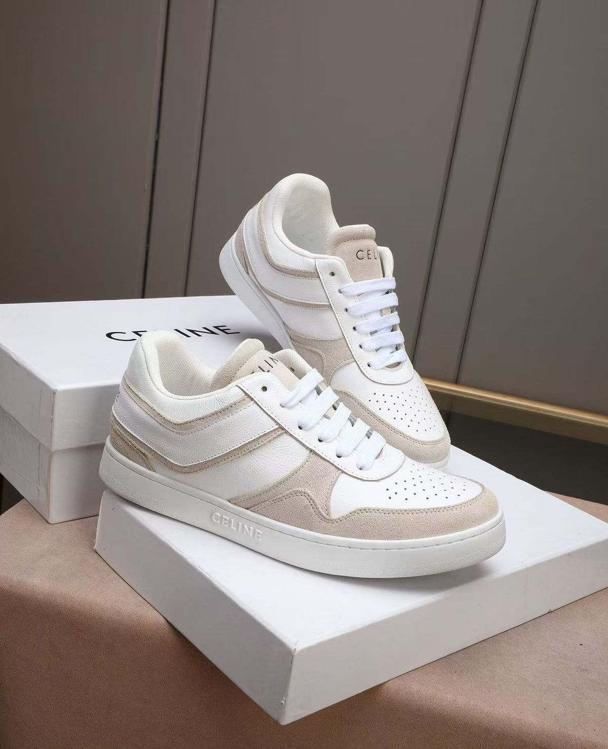 Celine Low-Top Sneakers with Celine Logo Detail — Ecru & White