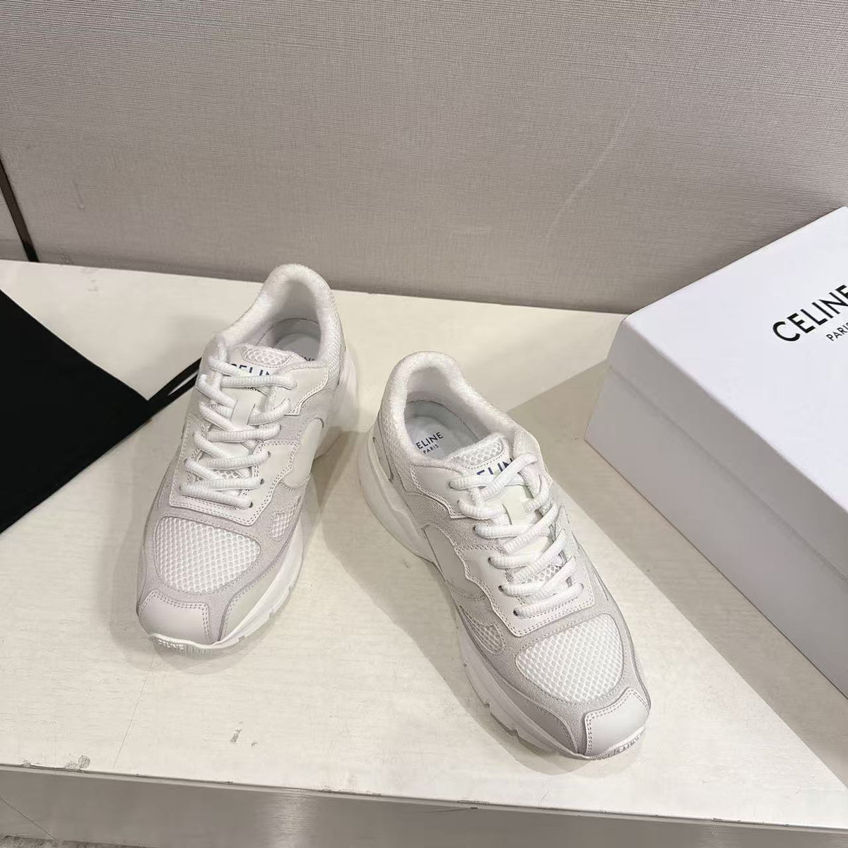 CELINE Triomphe Runner Low-Top Sneakers — Grey & White