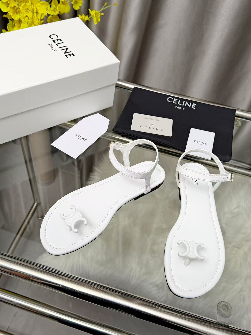 CELINE Triomphe Flat Thong Sandals — White